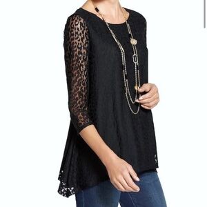 CHICO’S Senoia Black Leopard Lace Top with Sharkbite Hem and 3/4 Sleeves